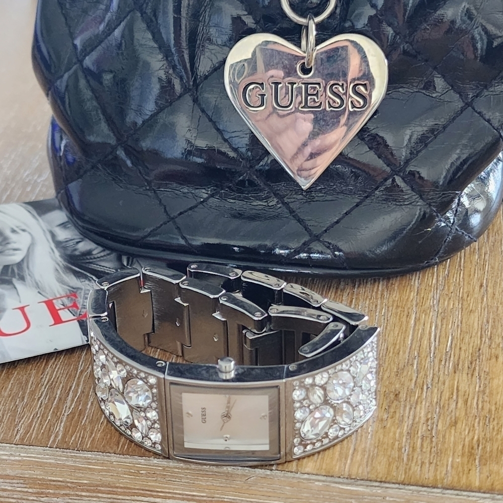 NWT Guess Silver Tone Rhinestone Bangle Watch with Pouch - Picture 10 of 11